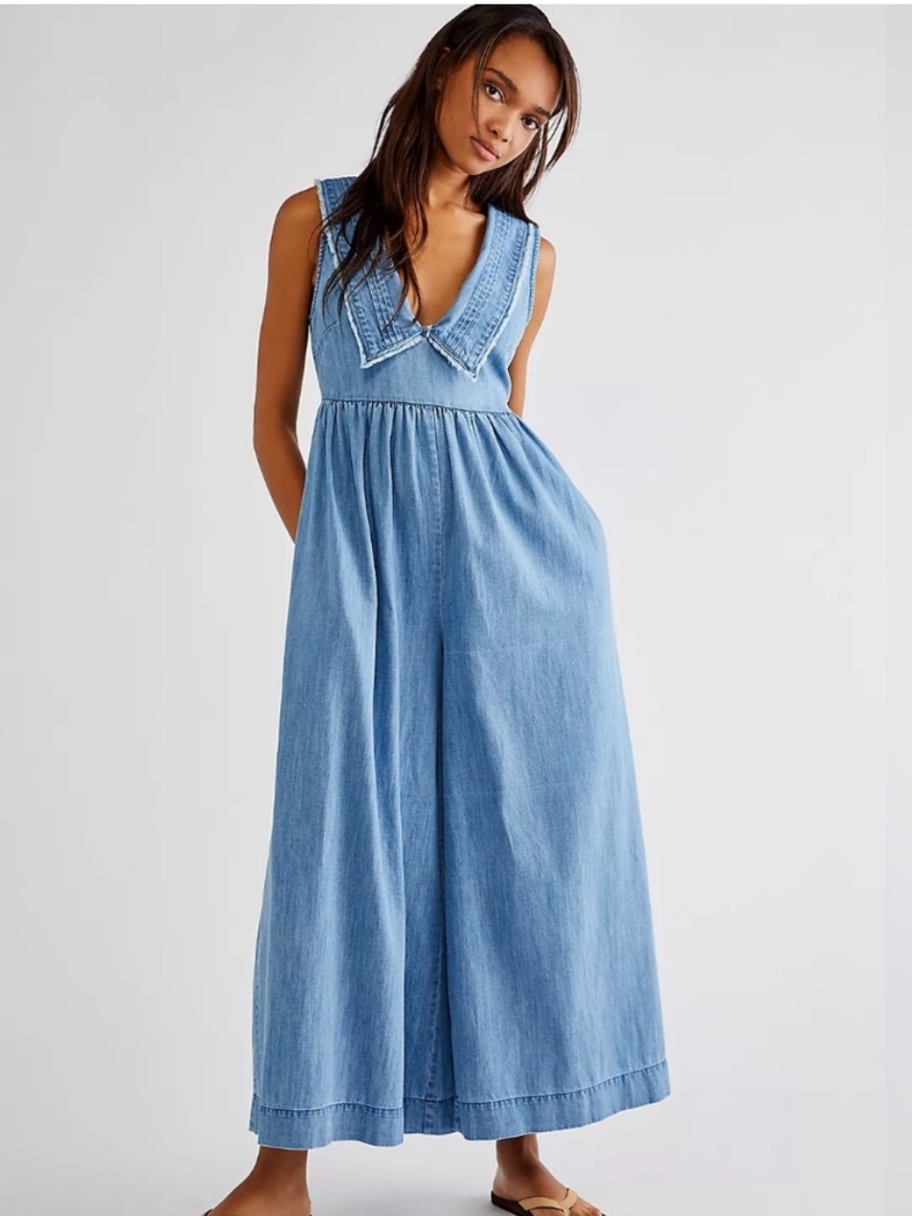 Free People Big Love Babydoll Light Blue Denim Wide-Leg Collared Jumpsuit XS